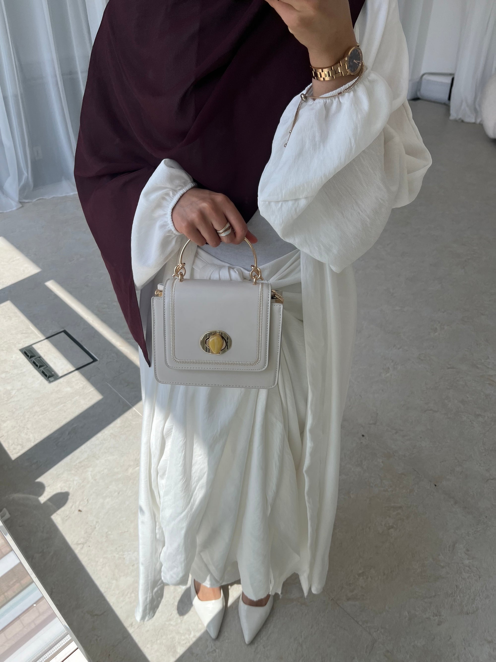 White open crepe abaya with wrap skirt