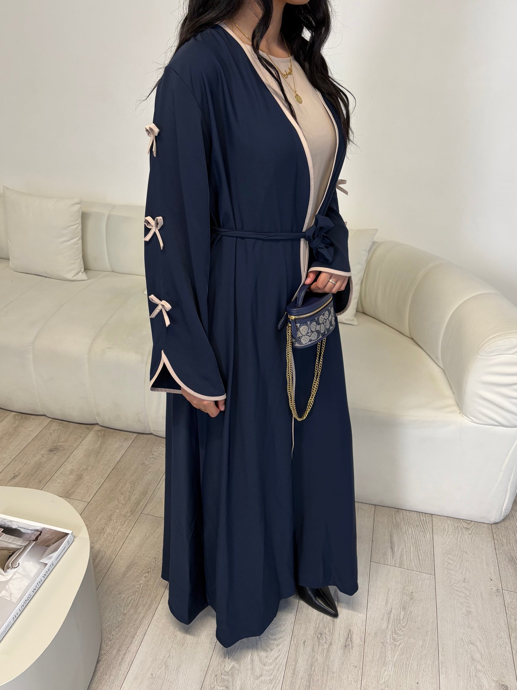 Navy bow sleeve open abaya