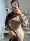 Beige balloon sleeve cardigan and wide leg trouser set