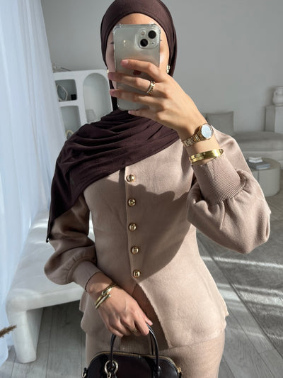 Beige balloon sleeve cardigan and wide leg trouser set