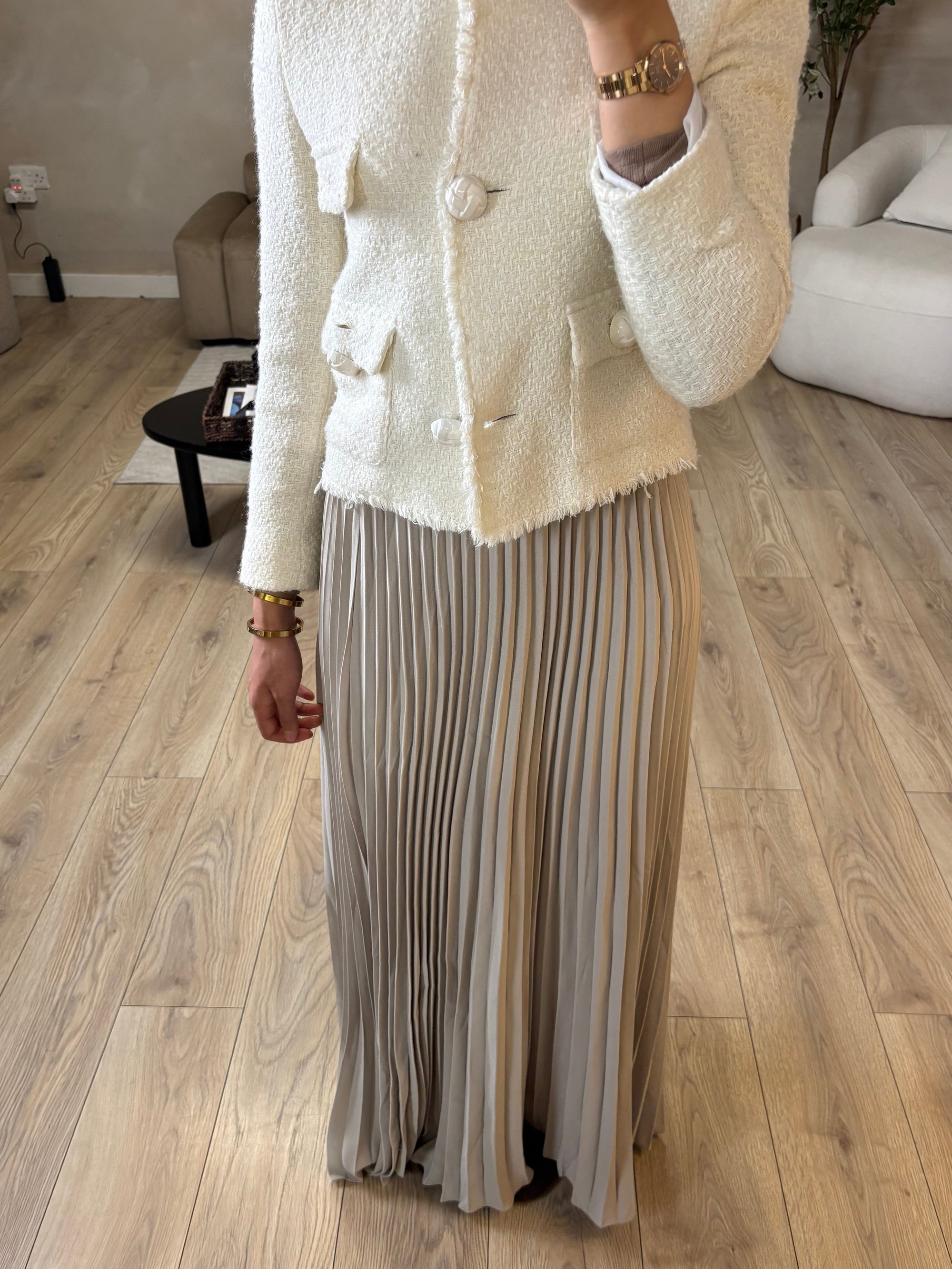 Taupe pleated maxi skirt