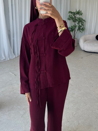Burgundy two piece top and trouser co-ord