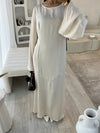 Beige satin dress with tie back belt