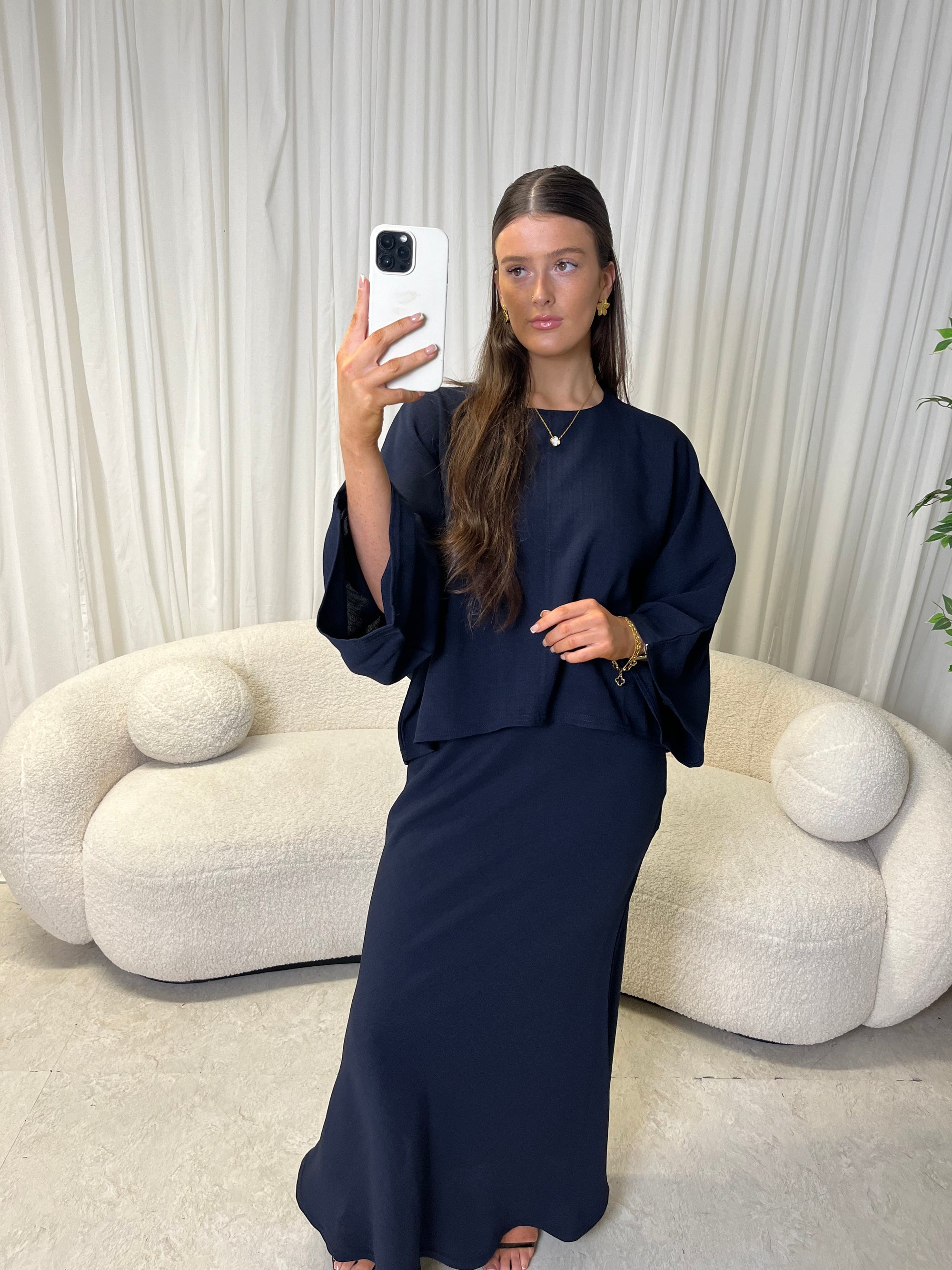 Navy cape top and skirt set