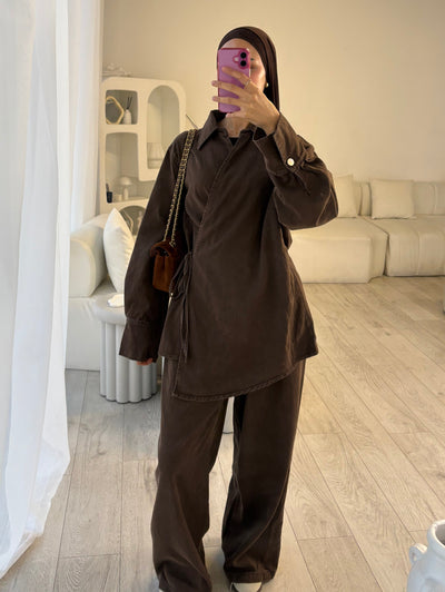 Brown side tie denim set