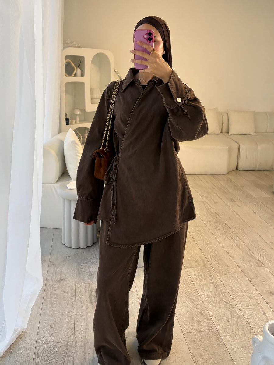 Brown side tie denim set