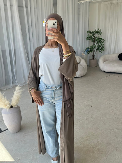 Taupe ribbed open abaya