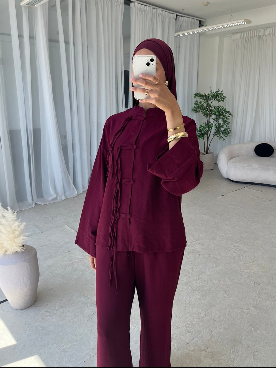 Burgundy two piece top and trouser co-ord