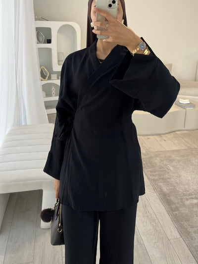Black kimono top and trouser co-ord