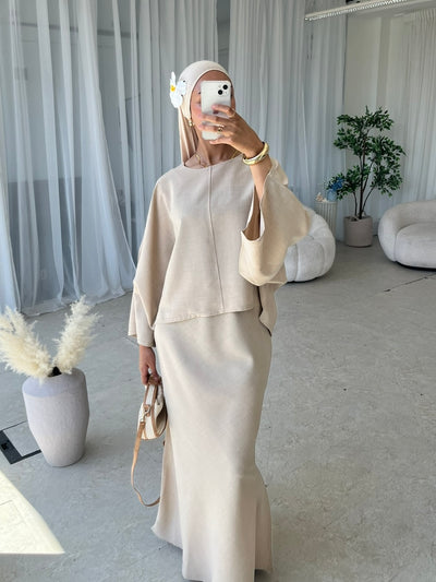 (PRE-ORDER) Beige cape top and skirt set