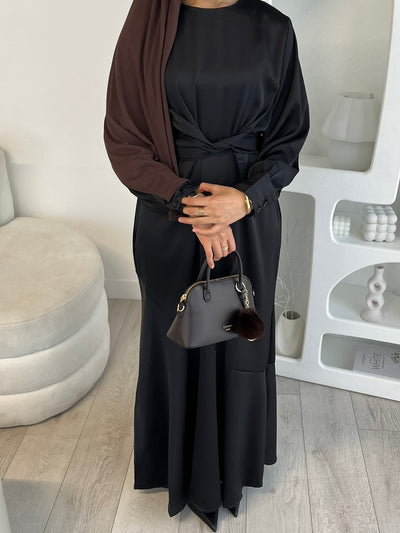 Black silk tie back black dress