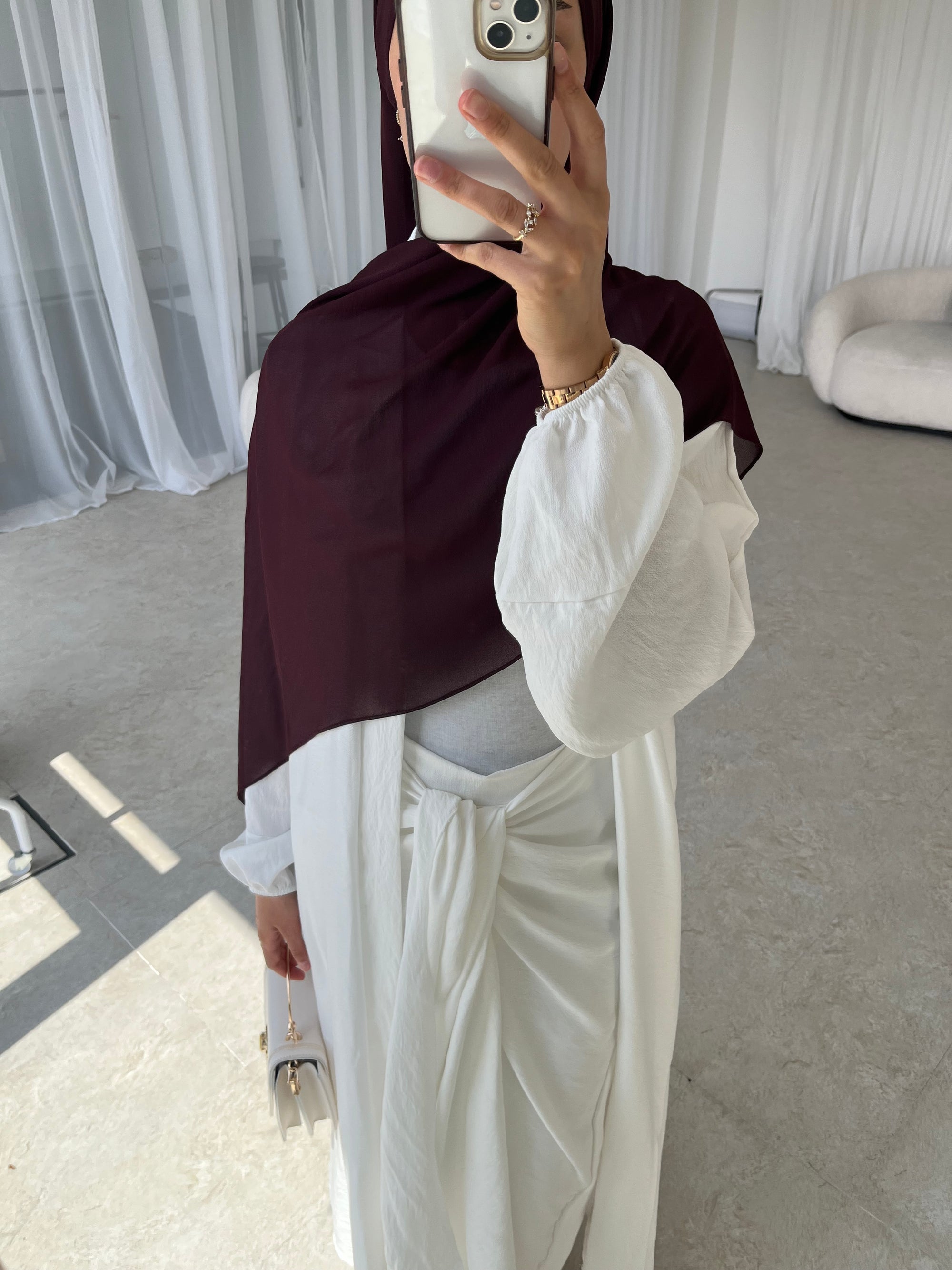 White open crepe abaya with wrap skirt