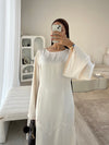 Beige satin dress with tie back belt