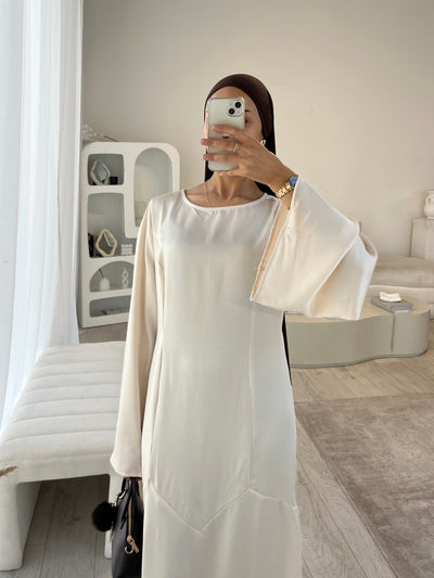 Beige satin dress with tie back belt