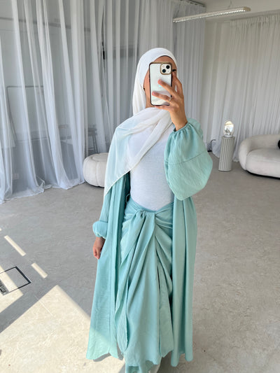 Mint crepe open abaya with wrap skirt