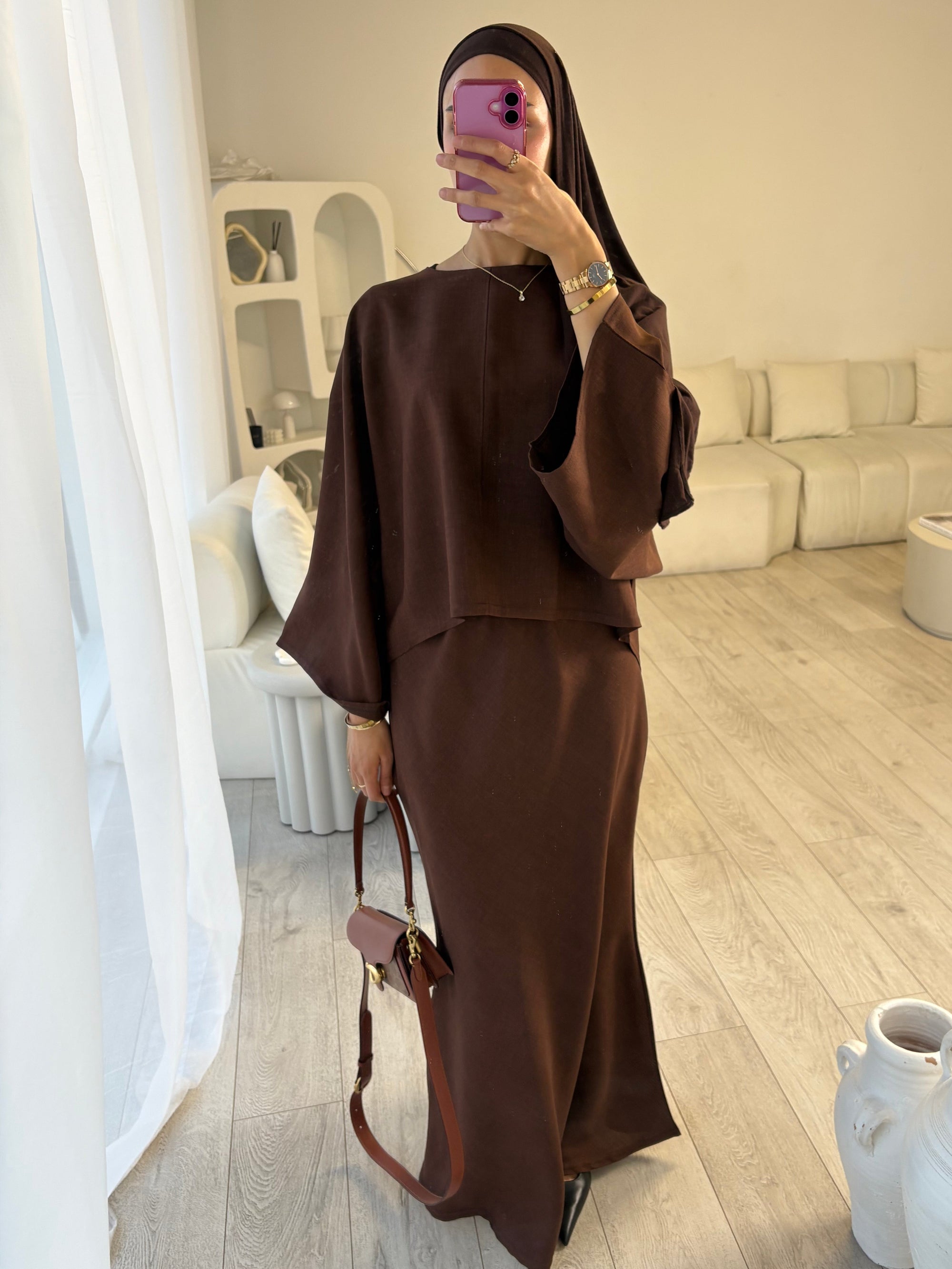 Brown cape top and skirt set