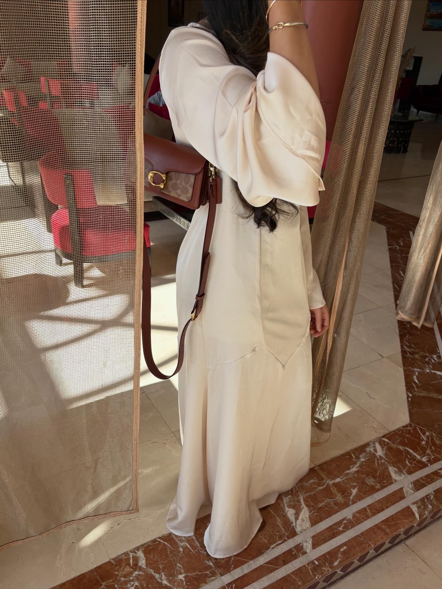 Beige satin dress with tie back belt