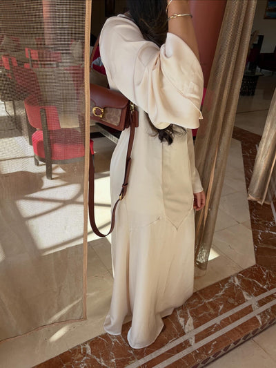 Beige satin dress with tie back belt