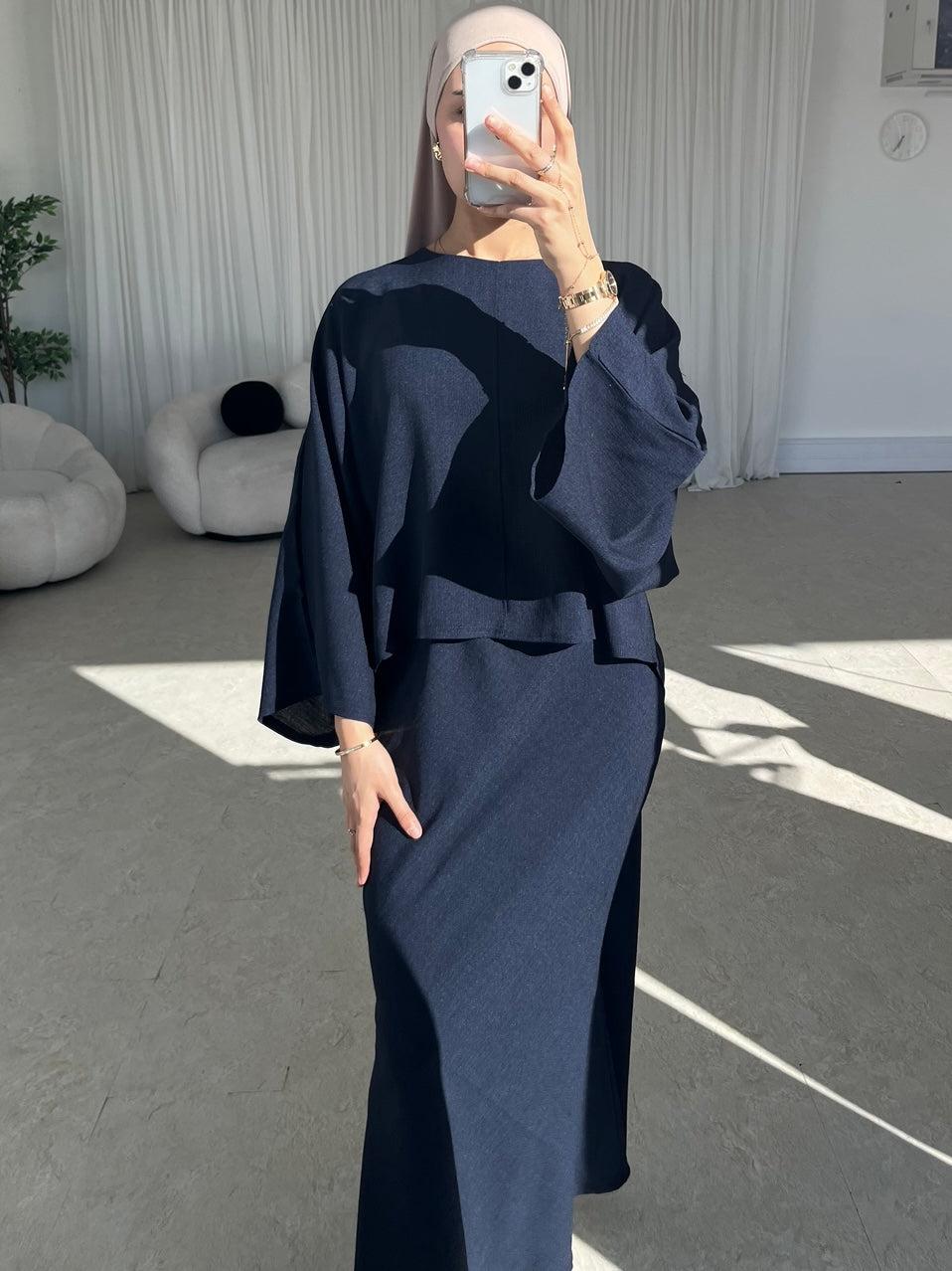 Navy cape top and skirt set