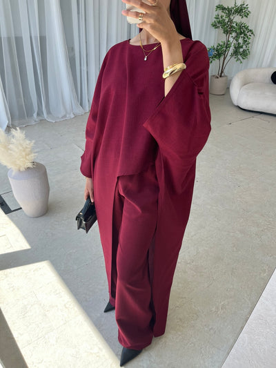 Burgundy Asymmetrical top and trouser set (TALL)