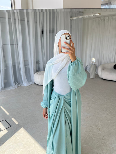 Mint crepe open abaya with wrap skirt