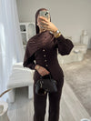 Brown balloon sleeve cardigan and wide leg trouser set