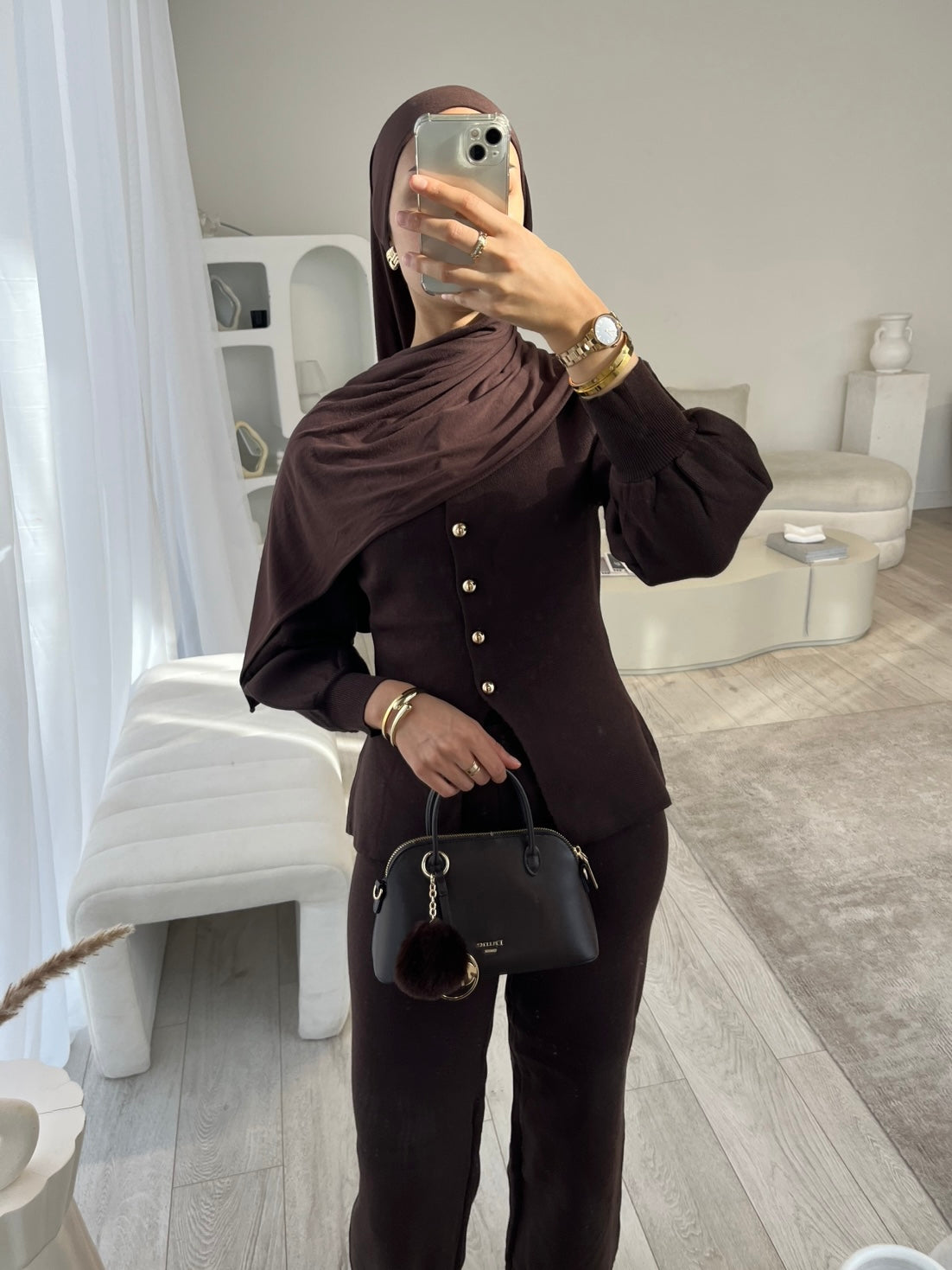 Brown balloon sleeve cardigan and wide leg trouser set