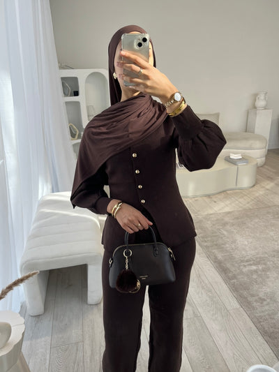 Brown balloon sleeve cardigan and wide leg trouser set