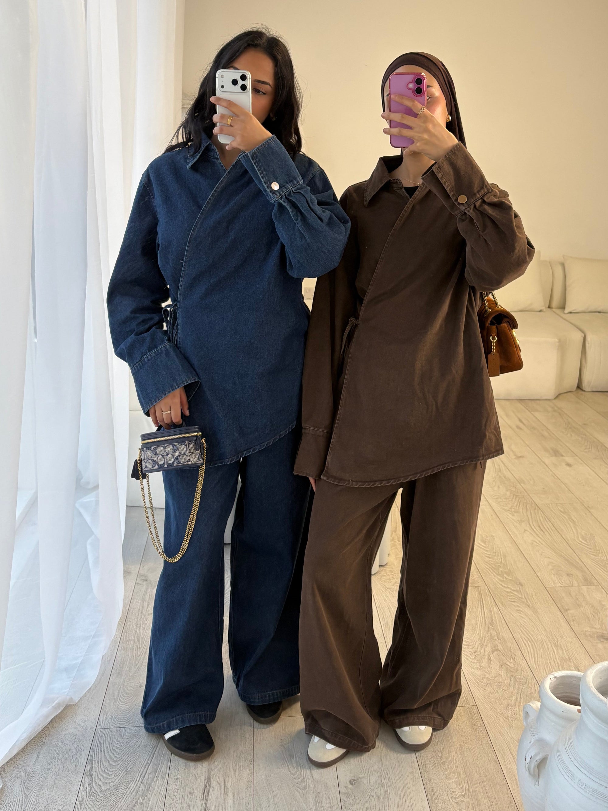 Brown side tie denim set